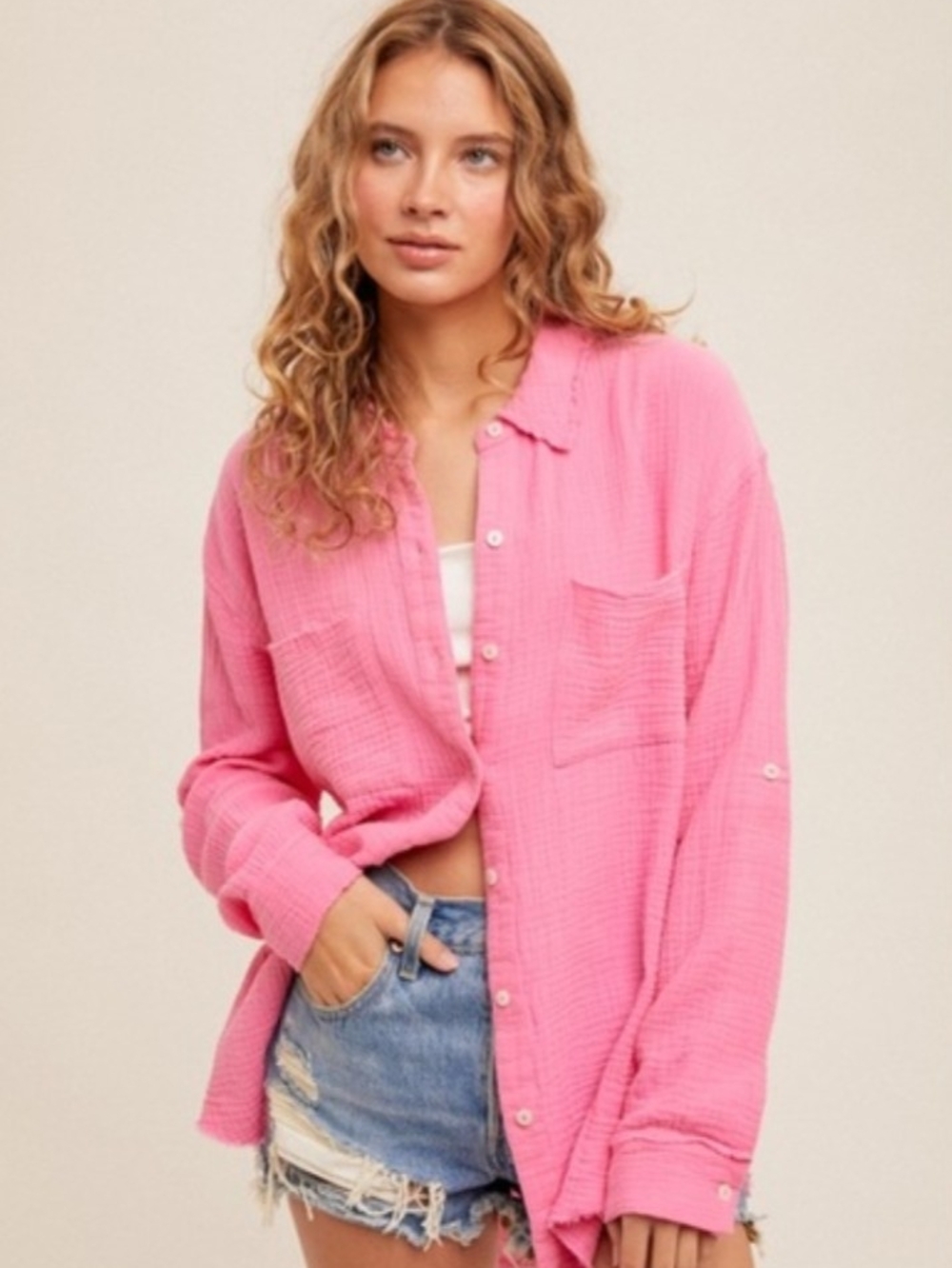 NEW! Hem & Thread Women's Cotton Fringe Hem Button Down